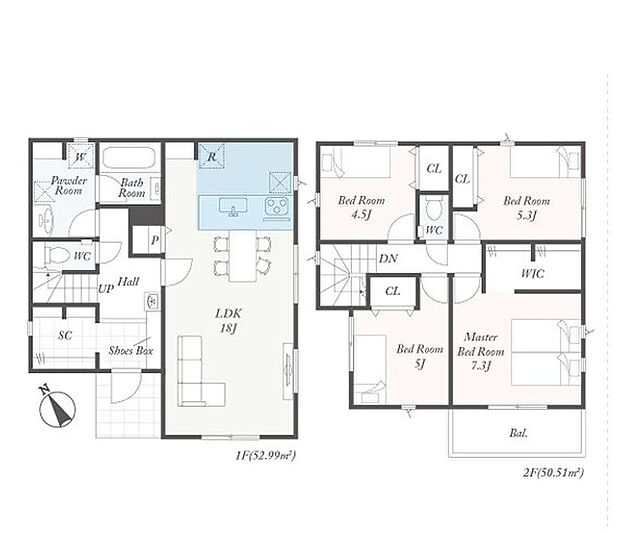 ＜間取図＞シューズイン＆ウォークインクローゼット等の収納が豊富な4ＬＤＫです。