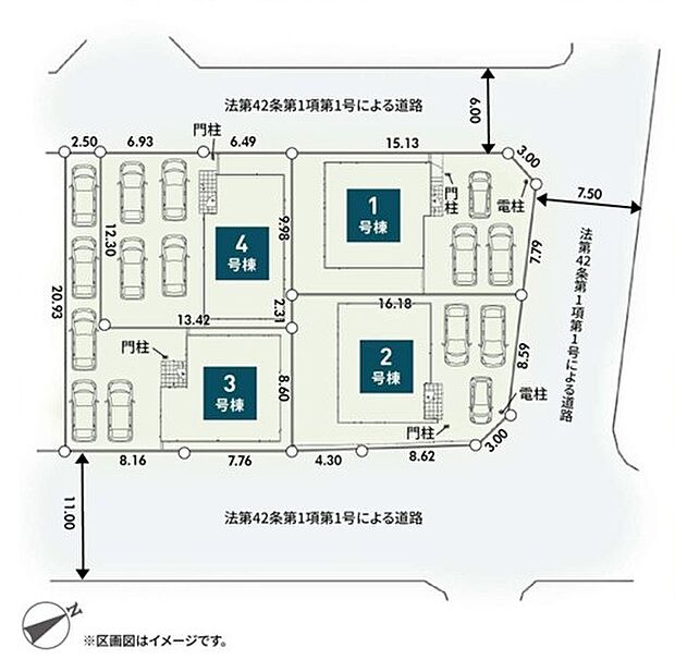 <全体区画図>全4棟 3号棟 広いお庭&カースペース5台有り