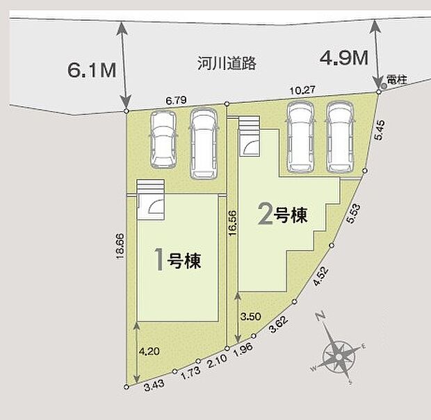 ＜全体区画図＞全2棟　1号棟　カースペース並列2台有り