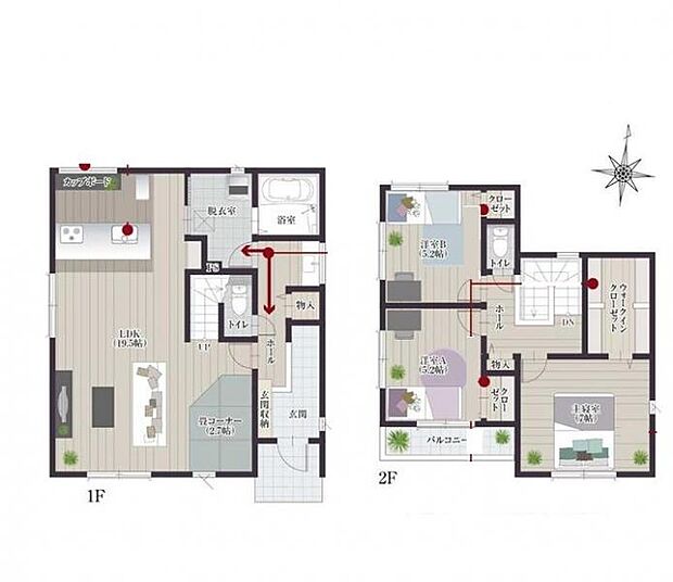 ＜間取図＞家事動線がスムーズなウォークスルー洗面が魅力の3ＬＤＫです。