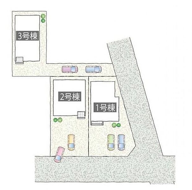 <全体区画図>全3棟 1号棟 カースペース並列2台以上有り
