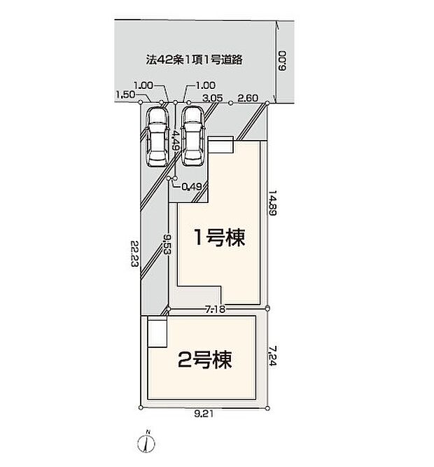 ＜全体区画図＞全2棟　2号棟　区画整理地内の幅員6ｍ道路に面しています。