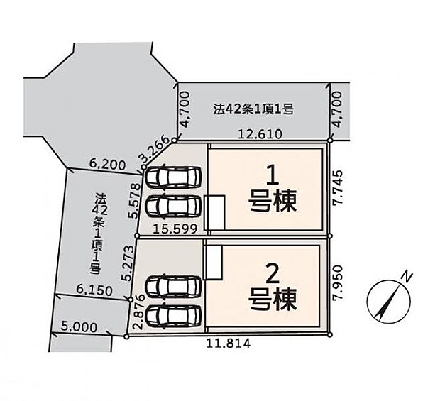 <全体区画図>全2棟 1号棟 カースペース並列2台有り