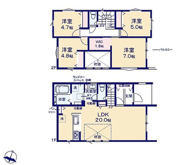 ＜間取図＞広々としているＬＤＫ20帖でお寛ぎいただける4ＬＤＫの間取りです。