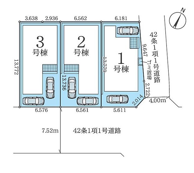 <全体区画図>全3棟 1号棟 駐車2台可