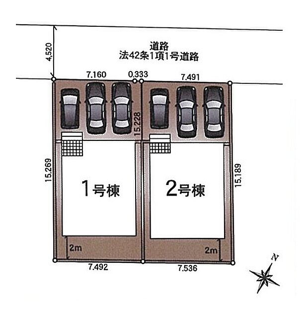 ＜全体区画図＞全2棟　2号棟　駐車並列3台可