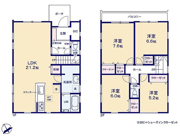 <1号棟間取図>広々LDK21帖&お子様の顔が見えるリビングイン階段