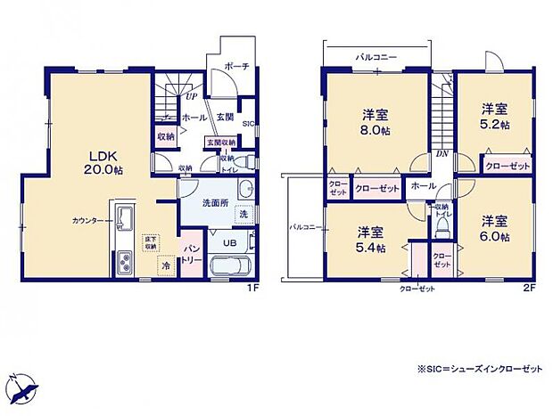 <間取図>広々としているLDK20帖でお寛ぎいただけまる4LDK