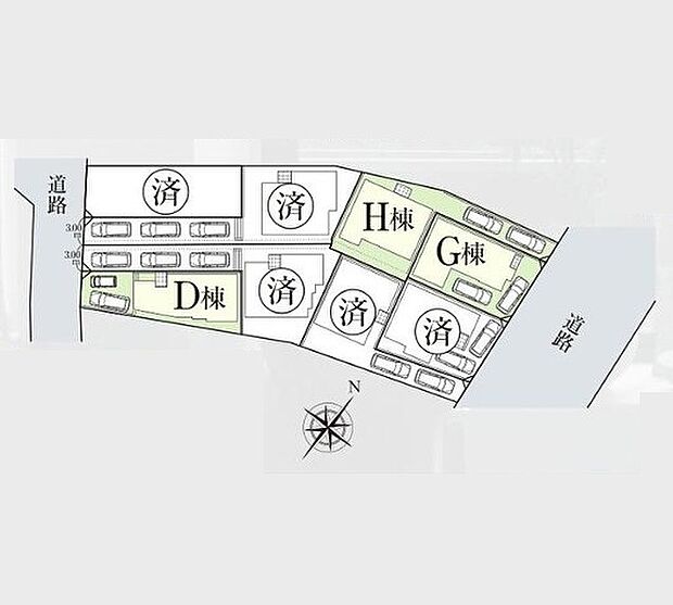 <全体区画図>全8棟 H号棟 カースペース2台駐車可能です。