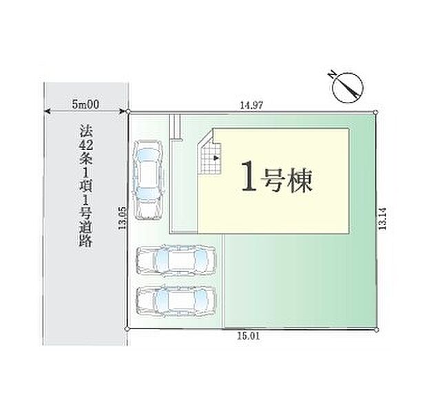 <区画図>カースペース車3台と広いお庭がある59坪の敷地です。