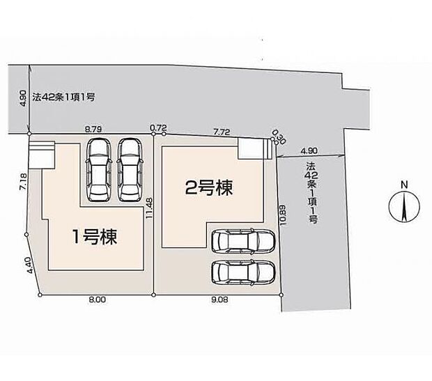 <全体区画図>全2棟 2号棟 駐車並列2台可能