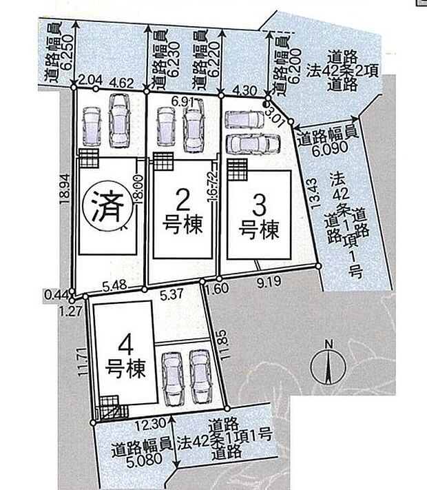 <全体区画図>全4棟 3号棟 駐車並列2台可能