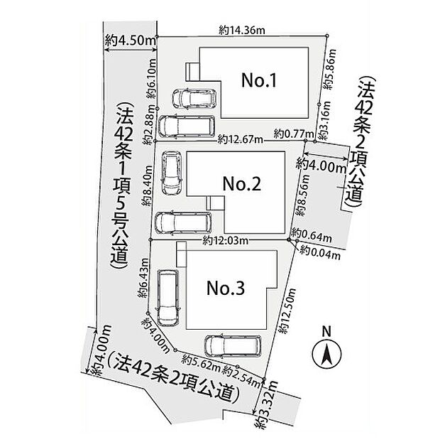 <全体区画図>全3棟 1号棟 駐車並列2台可