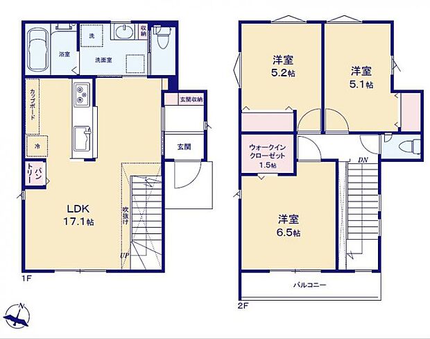 <間取図>お子様の顔が見える明るいリビングイン階段が魅力の3LDKです。