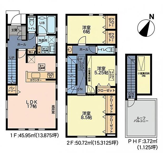 ＜間取図＞小屋裏収納等の収納が豊富な3ＬＤＫです。