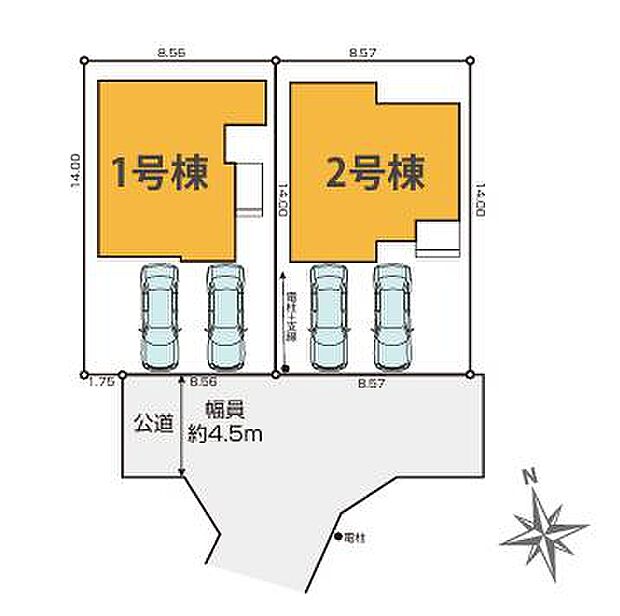 ＜全体区画図＞全2棟　1号棟　南西道路に面して陽当たり良好
