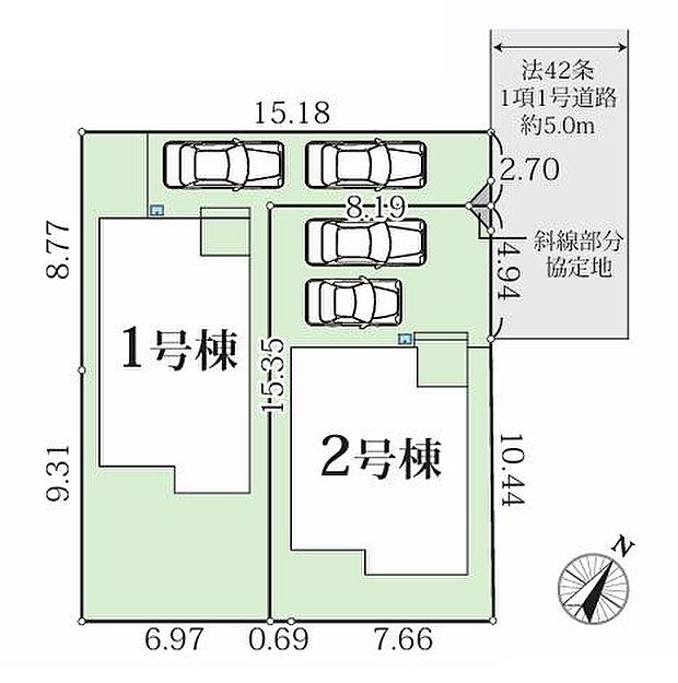 <全体区画図>全2棟 駐車並列2台可能