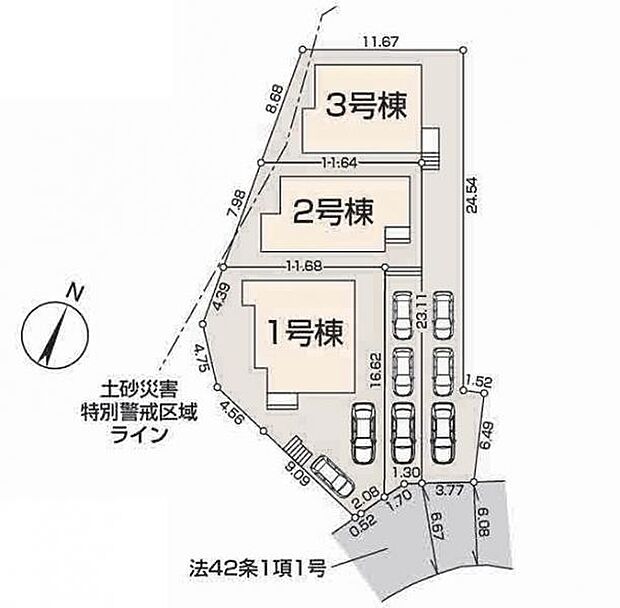 <全体区画図>全3棟 1号棟 駐車2台可能です。