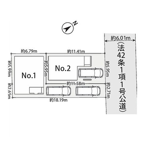 ＜全体区画図＞全2棟　Ｎｏ2　区画整理地内の幅員6ｍ道路に面して車のすれ違いも楽にできます。