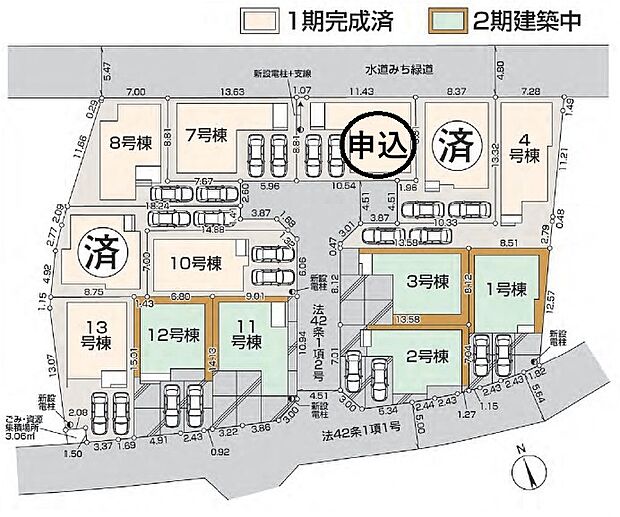 ＜全体区画図＞全13棟　3号棟　カースペース並列2台駐車可能です。
