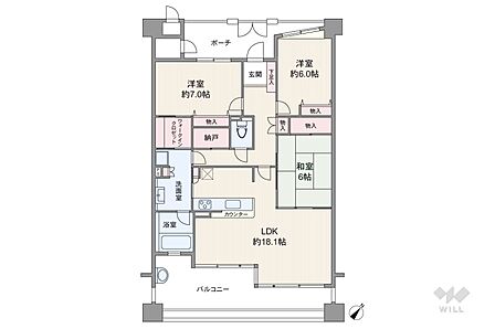 間取りは専有面積93.26平米の3LDK。バルコニー面積は17.08平米です。