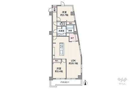 間取りは専有面積69.69平米の2LDK。LDK約20.1帖のプラン。バルコニー面積は8.50平米です。