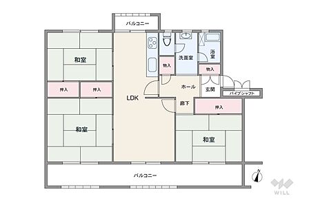 間取りは専有面積79.14平米の3LDK。全個室和室仕様の落ち着いたプラン。