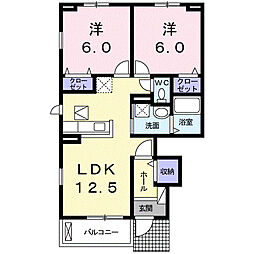 JR鹿児島本線 西牟田駅 5.9kmの賃貸アパート 1階2LDKの間取り