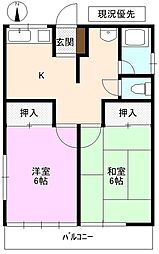寺澤アパートB棟 1階2Kの間取り