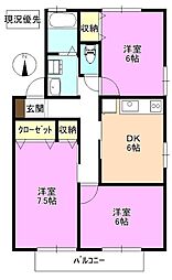 シャンテ篠原Ａ棟 2階3DKの間取り