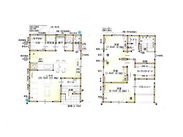 【間取り】1F）17.4LDK　2F）5.4洋・4.5洋・4.5洋