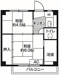 ビレッジハウス上乃木1号棟 2階2Kの間取り