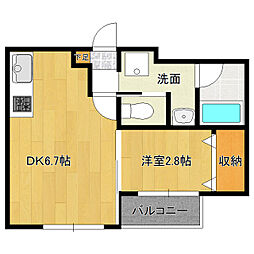 JR常磐線 水戸駅 徒歩8分の賃貸マンション 2階1DKの間取り