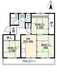 UR桃山南 4階3DKの間取り
