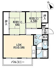 UR中登美第三 2階2LDKの間取り