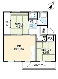 UR中登美第三 4階2DKの間取り