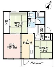 UR中登美第三 2階3Kの間取り