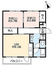 UR中登美第三 2階2LDKの間取り