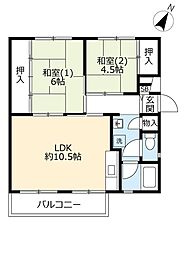 UR中登美第三 1階2LDKの間取り