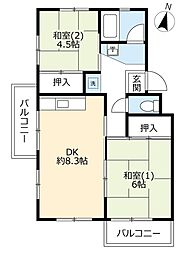UR都市機構中登美団地C-3 2DKの間取図画像
