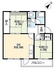 UR都市機構中登美団地C-3 2DKの間取図画像