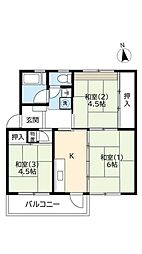 UR都市機構西大和星和台団地8号棟 3Kの間取図画像