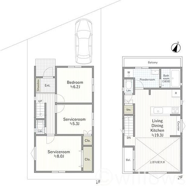 参考プランをご用意しております。参考プランでは、建物延べ床面積およそ87m2を確保。リビング部分は勾配天井になっており、開放感を感じられます。