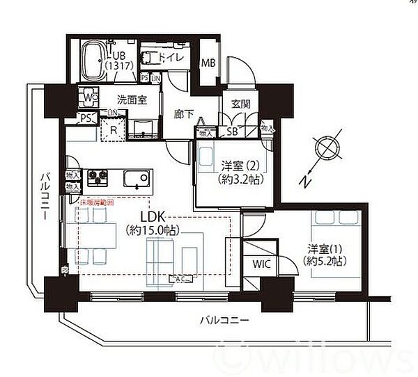 専有面積56.03平米・2LDKのゆとりある間取りです。プライバシー性の高い角部屋仕様で、2方向にバルコニーを配置した風通しの良い空間。無駄なスペースを省き、数字以上の広がりを感じられる設計です。