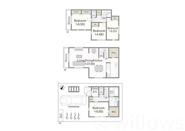 3階建参考プラン　延床面積：112.71m2　1F：30.63m2　2F：43.06m2　3F：39.02m2※車庫等面積12.43m2別途有