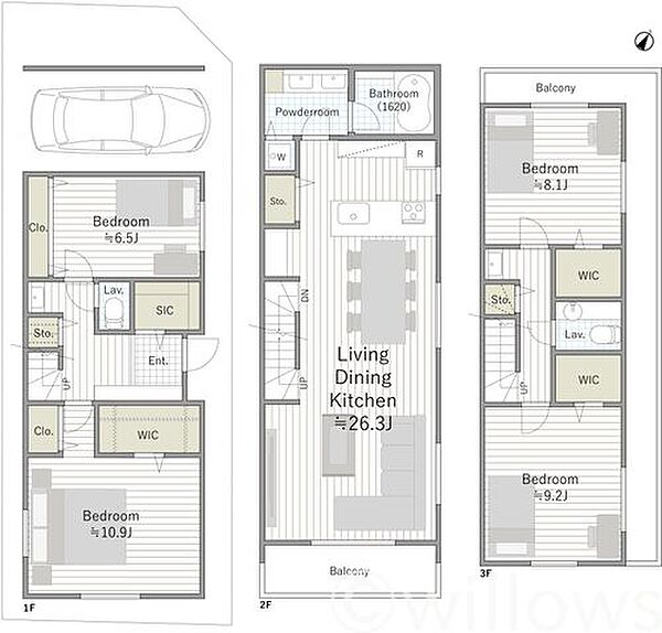 ※木造3階建てプラン1階部分：61.27m2（車庫スペース12.42m2含む）2階部分：55.89m23階部分：43.06m2合計：160.22m2建物参考価格：3030万円