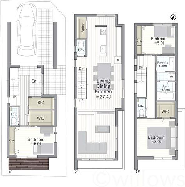 ※ヘーベルハウス重量鉄骨造3階建てプラン1階部分：53.32m22階部分：56.31m23階部分：48.76m2合計：160.34m2建物参考価格：9000万円