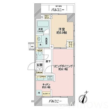 間取り図:1LDK 専有面積40.45平米、バルコニー面積8.7平米