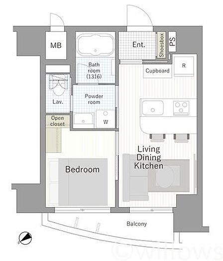 1LDK　専有面積30.21m2、バルコニー面積3.69m2