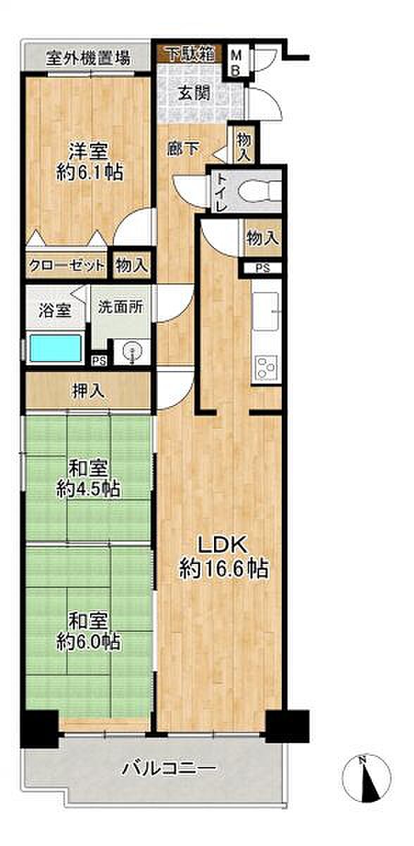 専有面積は76平米、LDKは約16.6帖の3LDKのお部屋です。